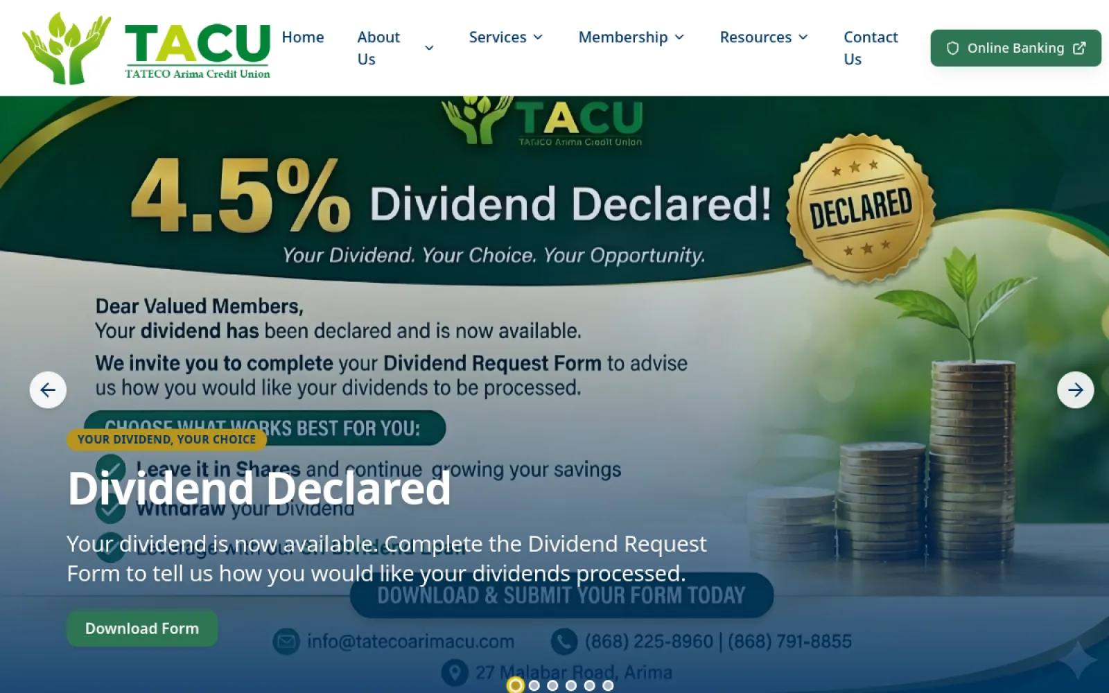 TACU Credit Union member portal home screen with dividend banner